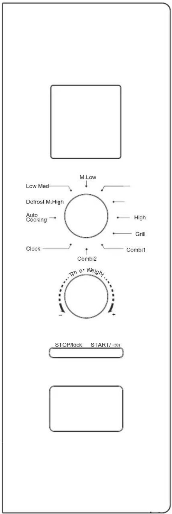 graph TD A["M.Low"] --> B["Low Med"] B --> C["Defrost M:High"] C --> D["Auto Cooking"] D --> E["Clock"] E --> F["Combi2"] F --> G["Combi1"] G --> H["Tm e Weight"] H --> I["-"] I --> J["STOP/lock START/+30s"] J --> K["Box"]