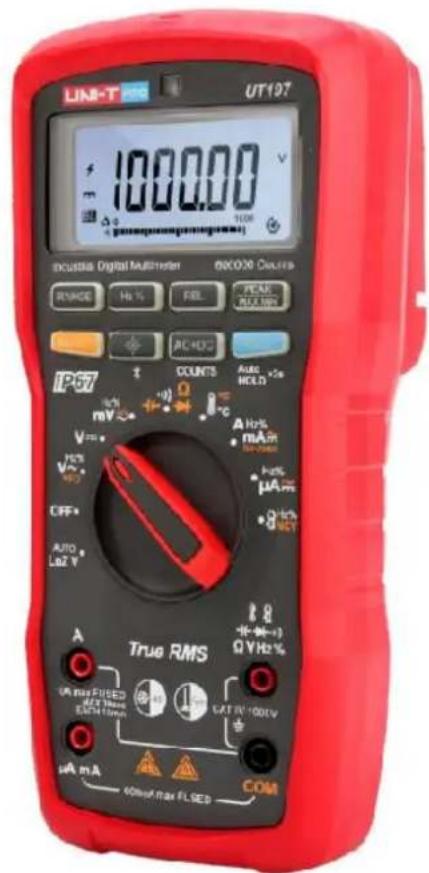 UNIT UT197 1000000 V INCUIS Digital Multimeter RANGE Hz % FEL PEAK MAX/100 IP57 mV A Max mA H μA μC A Max mA H μA μC True RMS Ω/Hz % U max FUSED M/F High EACH Low GAT N=100kV μA mA 0.00µF Max FLSED COM