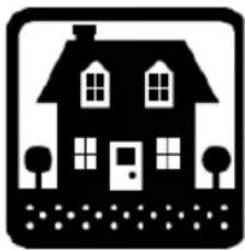 Simple black-and-white icon of a house with windows, trees, and ground (no text or symbols)