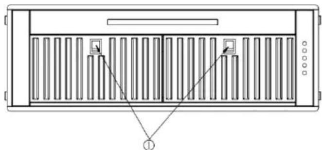 Technical line drawing of a server rack with ventilation slots and labeled components (no text or symbols)