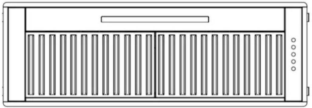 Technical line drawing of a rectangular enclosure with vertical slats and a horizontal beam (no text or symbols)