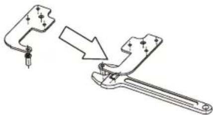 Technical illustration of a mechanical clamp tool with an arrow indicating process (no text or symbols present)