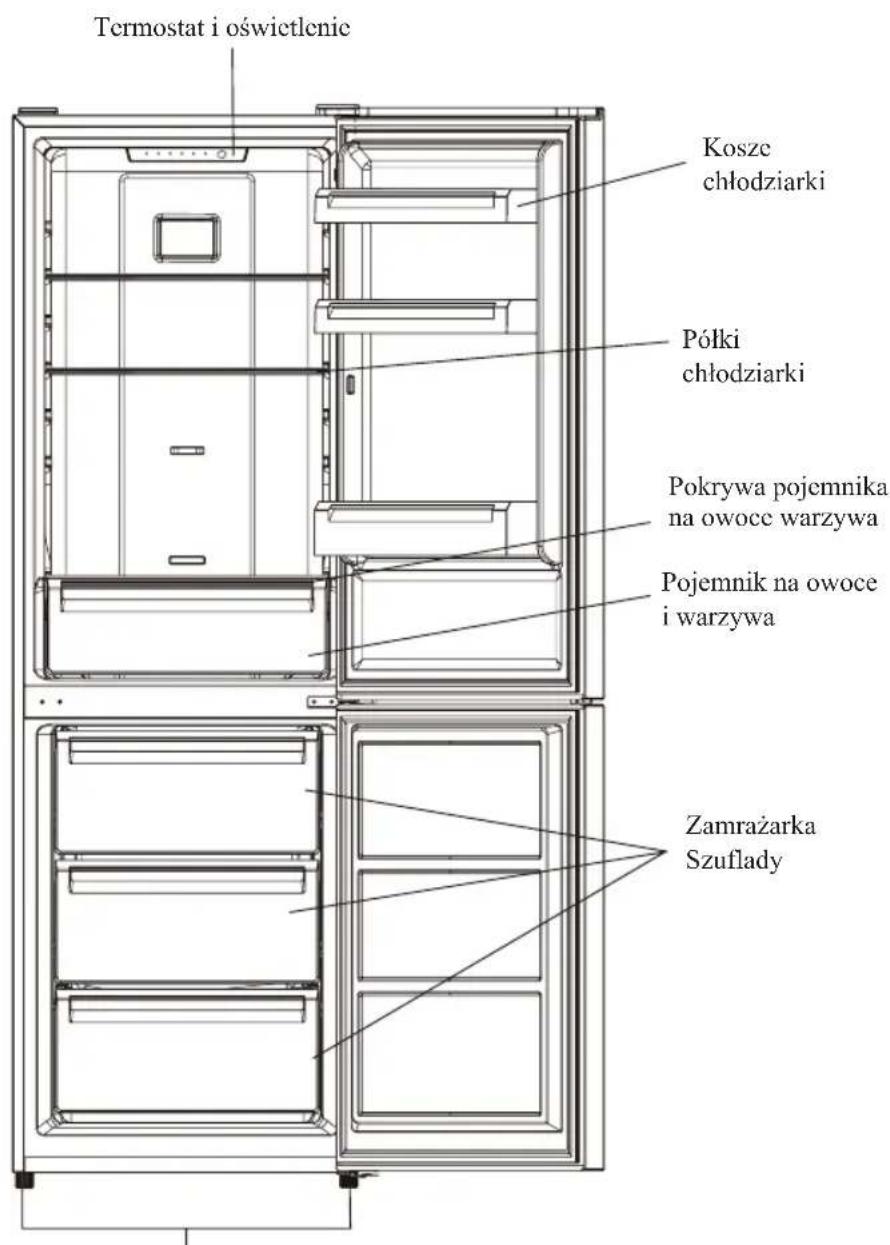 Termostat i oświetlenie Kosze chłodziarki Półki chłodziarki Pokrywa pojemnika na owoce warzywa Pojemnik na owoce i warzywa Zamrażarka Szuflady