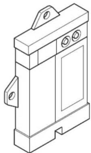 Isometric line drawing of a mechanical housing or enclosure with mounting flanges and a central panel (no text or symbols)