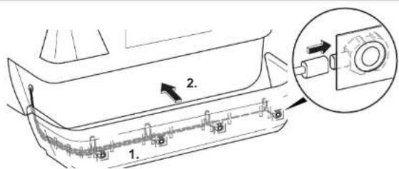 Technical diagram of a vehicle rear bumper with labeled parts and an inset showing a mechanical component.
