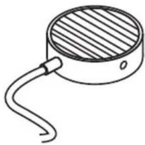 Simple line drawing of a circular device with a curved cable and a shaded top surface (no text or symbols)