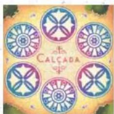Symmetrical decorative pattern with five interlocking circular motifs in purple, blue, and teal tones, centered around the word 'CALCADA' (no additional text or symbols)