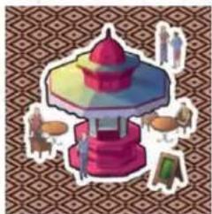 Illustration of a stylized pink and white tower with decorative elements, set against a geometric patterned background (no text or symbols)