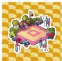 Illustration of a park with a central pink square, surrounded by trees and figures (no text or symbols)
