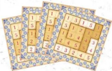Three grid-based puzzle pieces with numbered blocks, some circled for emphasis or completion
