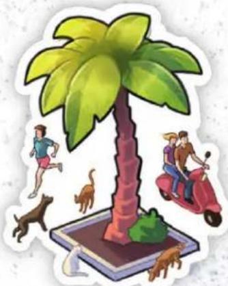 Illustration of a person running beside a large palm tree with dogs, including a dog and a scooter (no text or symbols)