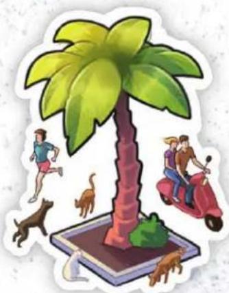 Illustration of a palm tree with people and animals, no text or symbols present