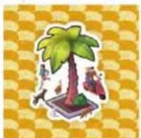 Illustration of a palm tree with two small figures and a red object on a stand, set against a yellow checkered background (no text or symbols)
