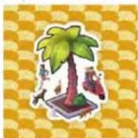 Illustration of a palm tree with a potted plant and small animal figures, set against a yellow-and-white checkered background (no text or symbols)