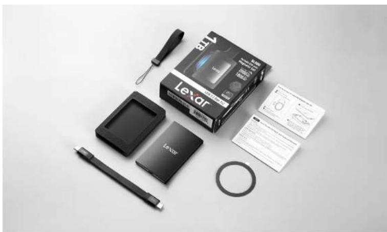 Product display of Lexor memory card and accessories including a branded box, case, strap, and ring (no visible text or symbols)