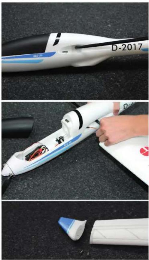 Three-panel photo showing a white D-2017 aircraft model being processed with a hand using it, and a blue tool on a dark surface (no visible text or symbols)