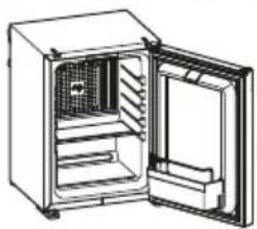 Line drawing of an open refrigerator with internal compartments (no text or symbols)