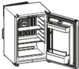 Illustration of an open refrigerator with visible internal compartments (no text or symbols)
