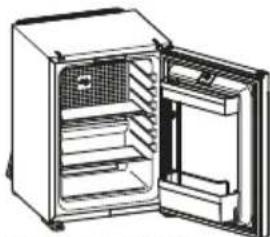 Line drawing of an open refrigerator with ventilation grilles (no text or symbols)
