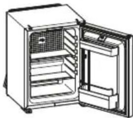 Line drawing of an open refrigerator with ventilation grilles and door (no text or symbols)