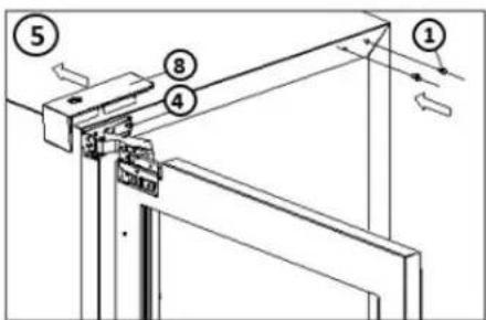Technical diagram showing labeled mechanical components with numbered parts and directional arrows indicating motion or assembly.