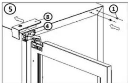 Technical diagram showing labeled mechanical components with numbered parts and directional arrows indicating motion or assembly.