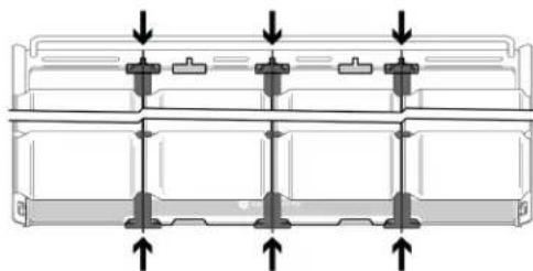 Technical diagram of a mechanical assembly with multiple components and directional arrows indicating motion (no text or labels)