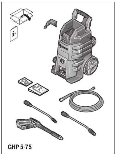Product diagram of a GHP 5-75 water heater with various components including hoses, sensors, and a box (no text or symbols on main objects).