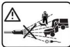 Warning sign depicting electrical hazard, showing a person standing on a truck with warning symbols