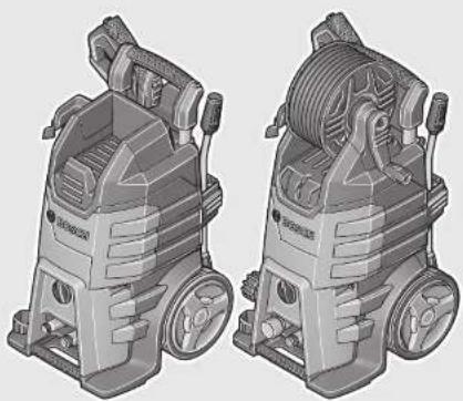 3D rendered image of two industrial pressure cranes, one with visible cooling fins and the other with a coiled hose (no text or symbols)