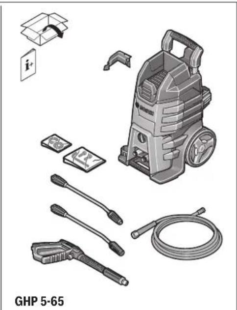 Illustration of a GHP 5-65 water heater with various components including hoses, sensors, and a box (no text or symbols on main objects).