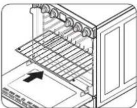 Isometric line drawing of an oven with a door, showing internal shelves and a paper outlet (no text or symbols)