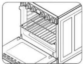Line drawing of an oven with rack-mounted dish and door, no text or symbols present