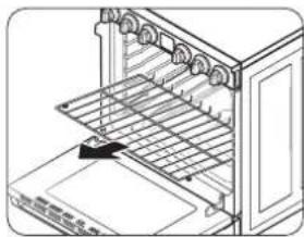 Line drawing of an oven with rack and door, showing internal structure without any text or symbols