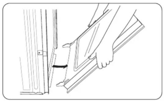 Line drawing of a person adjusting a door panel with a hand holding the clip (no text or symbols)