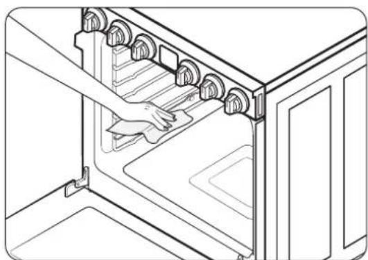 Line drawing of a door with internal shelves and a hand inserting a component (no text or symbols)