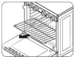 Line drawing of an oven with rack and door, showing internal structure without any text or symbols