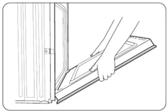 Line drawing of a hand using a tool to cut or install a wall-mounted device, no text or symbols present