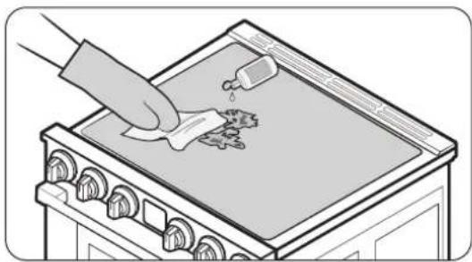 Illustration of a hand using a dropper to clean food on an induction cooktop (no text or symbols)