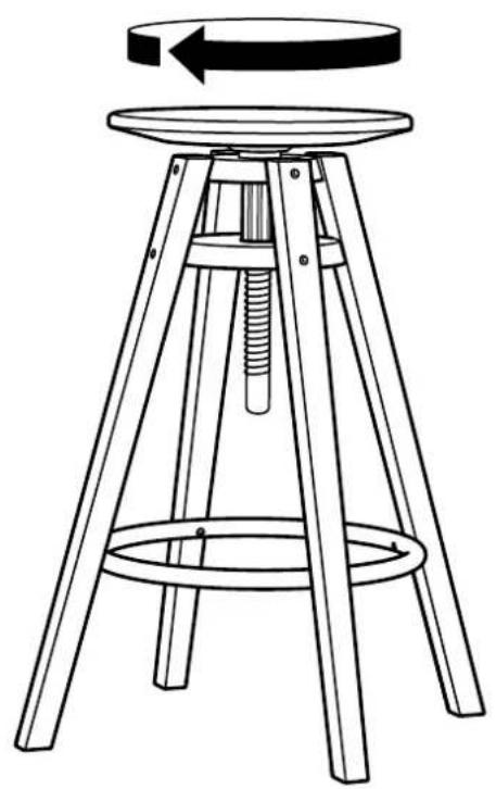 Dessin au trait d'un tabouret en bois avec un dessus circulaire et une vis centrale, montrant une flèche de rotation (sans texte ni symboles).