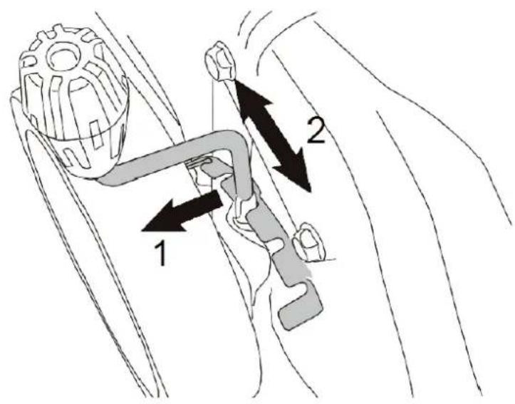 Diagram of a mechanical belt drive mechanism with labeled parts 1 and 2, showing gear and belt assembly.