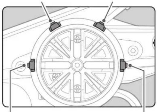 Technical diagram of a mechanical component with radial slots and mounting brackets (no text or symbols)