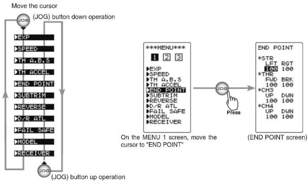graph TD A["Move the cursor (JOG) button down operation"] --> B["->EXP"] B --> C["->SPEED"] C --> D["->TH A.B.S"] D --> E["->TH ACCEL"] E --> F["->END POINT"] F --> G["->SUBTRIM"] G --> H["->REVERSE"] H --> I["->D/R ATL"] I --> J["->FAIL SAFE"] J --> K["->MODEL"] K --> L["->RECEIVER"] L --> M["->JOG…