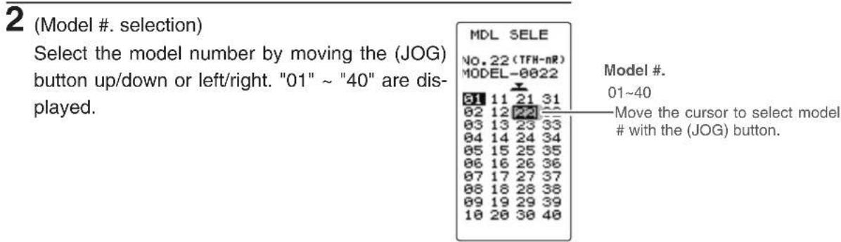2 (Model #. selection) Select the model number by moving the (JOG) button up/down or left/right. "01" ~ "40" are displayed. MDL SELE No. 22 (TFH-nR) MODEL-0022 61 11 21 31 82 12 22 32 83 13 23 33 84 14 24 34 85 15 25 35 86 16 26 36 87 17 27 37 88 18 28 38 89 19 29 39 10 20 30 40 Model #. 01~40 Move…