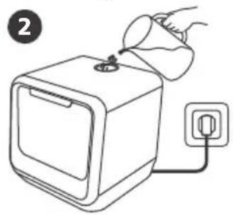 Line drawing of a hand pouring liquid into a microwave oven with an electrical outlet (no text or symbols)