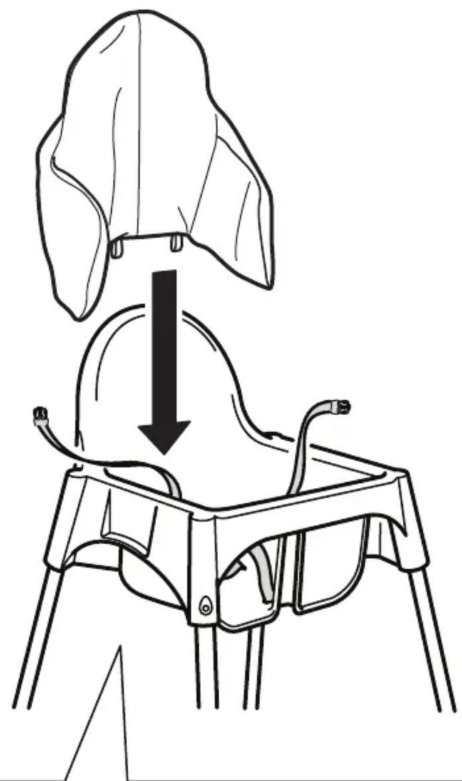 Dessin au trait d'un siège enfant avec une tête d'adulte, montrant une flèche vers le bas indiquant une compression ou un démontage (sans texte ni symboles).
