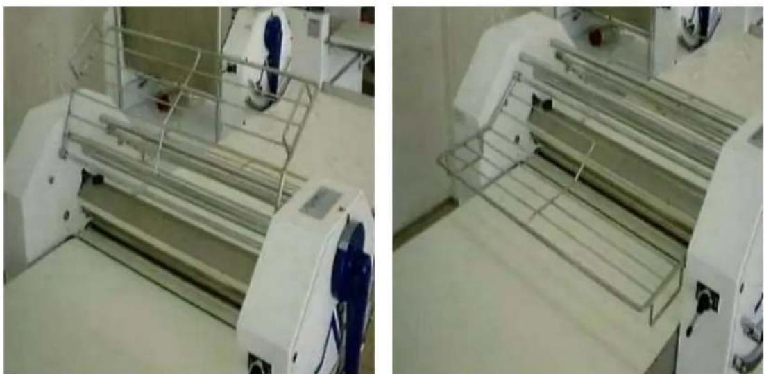 Two industrial machines in a factory setting, one with a metal frame and the other with a mesh structure (no visible text or symbols)