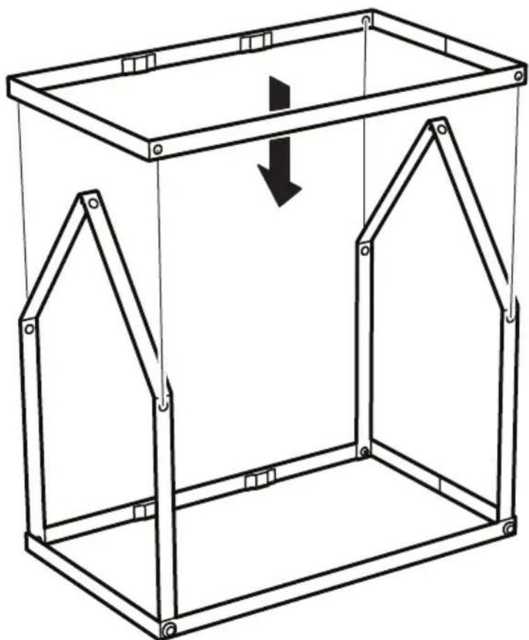 Line drawing of a 3D rectangular frame structure with internal trapezoidal supports and a downward arrow indicating force or movement (no text or symbols)