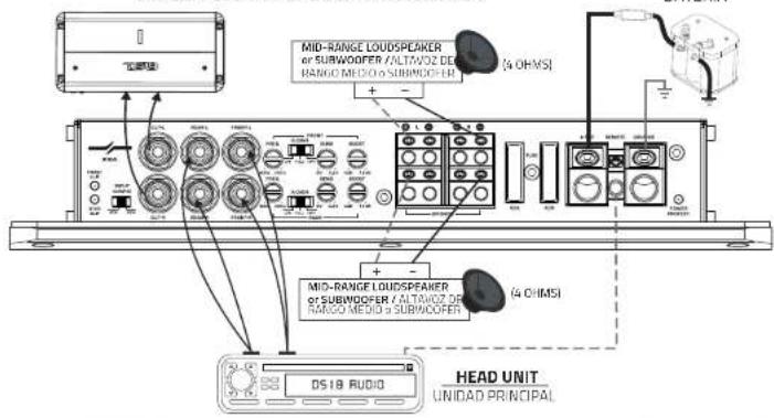 HEAD UNIT UNIDAD PRINCIPAL MS18 AUDIO + - MID-RANGE LOUDSPEAKER or SUBW/OFFER / ALTAVOZ DR RANGO MEDIO a SUBW/OFFER (4 OHMS) + - MID-RANGE LOUDSPEAKER or SUBW/OFFER / ALTAVOZ DR RANGO MEDIO a SUBW/OFFER (4 OHMS)