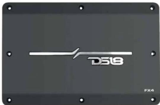 Exterior view of a black rectangular electronic panel with a metallic logo and 'DS18' text, mounted on a dark surface with mounting holes (no readable text beyond branding)